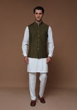 Classic Jamawar Olive Traditional Waistcoat