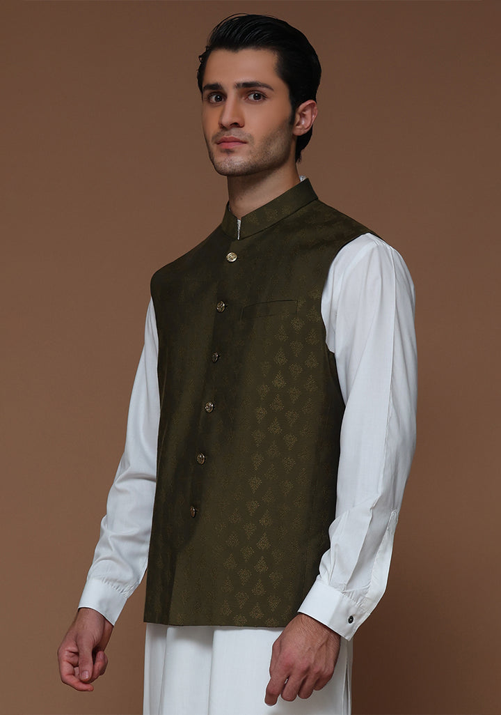 Jamawar Olive Traditional Waistcoat