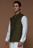 Classic Jamawar Olive Traditional Waistcoat