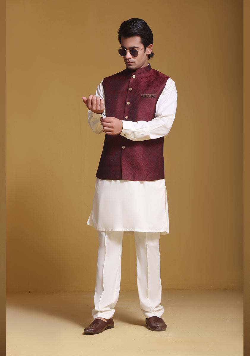Classic Jamawar Maroon Traditional Waistcoat