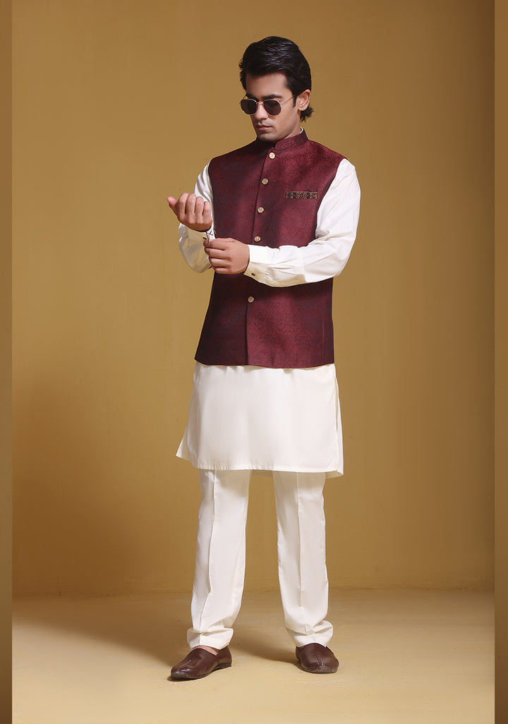 Classic Jamawar Maroon Traditional Waistcoat