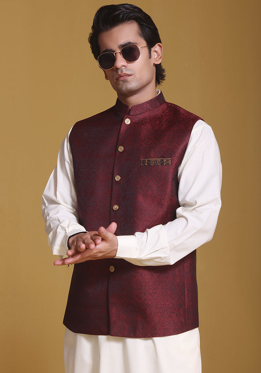Classic Jamawar Maroon Traditional Waistcoat