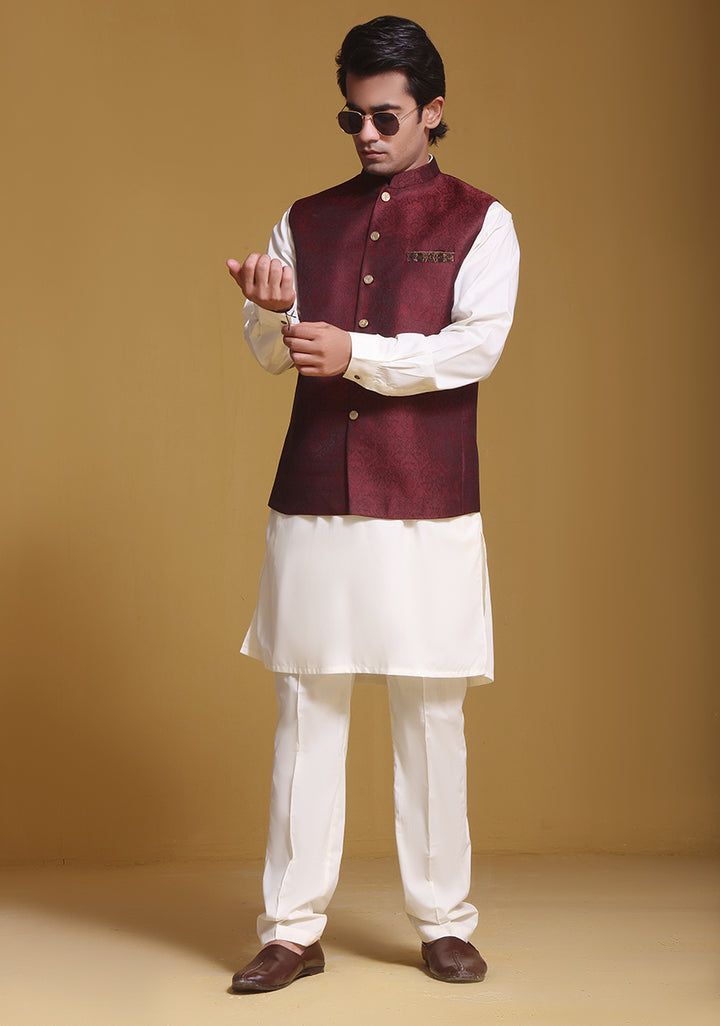Classic Jamawar Maroon Traditional Waistcoat
