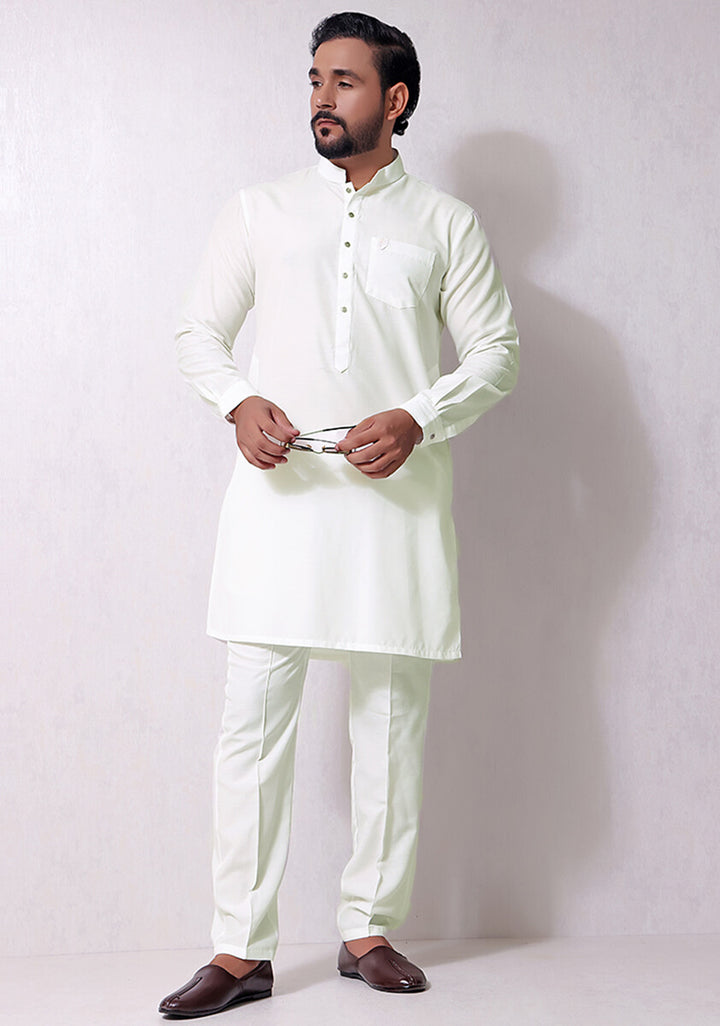 Cotton Silk  Cloud Dancer Slim Fit Plain Kurta Pajama