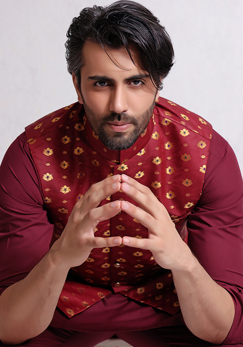 Satin Jamawar Maroon Traditional Waistcoat