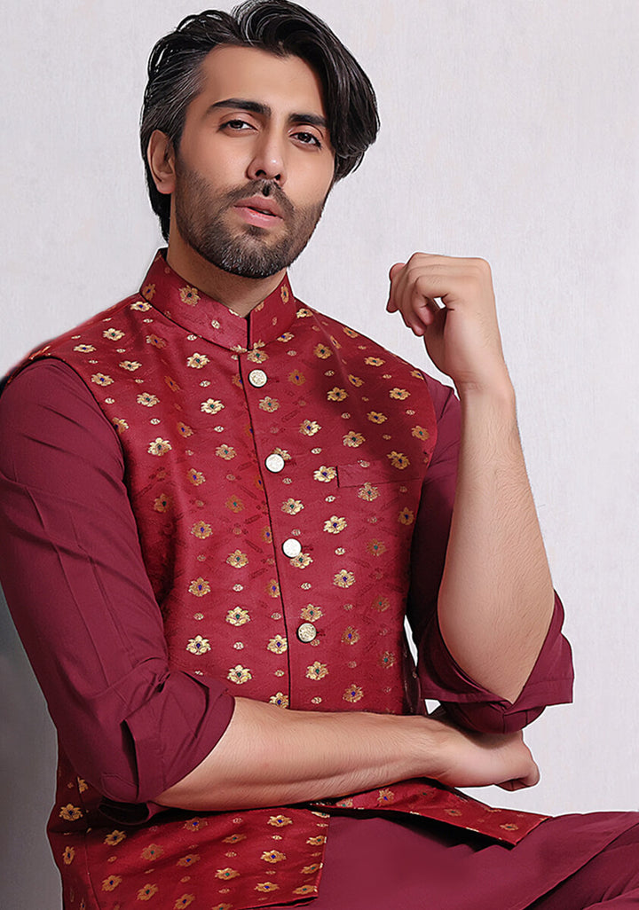 Satin Jamawar Maroon Traditional Waistcoat