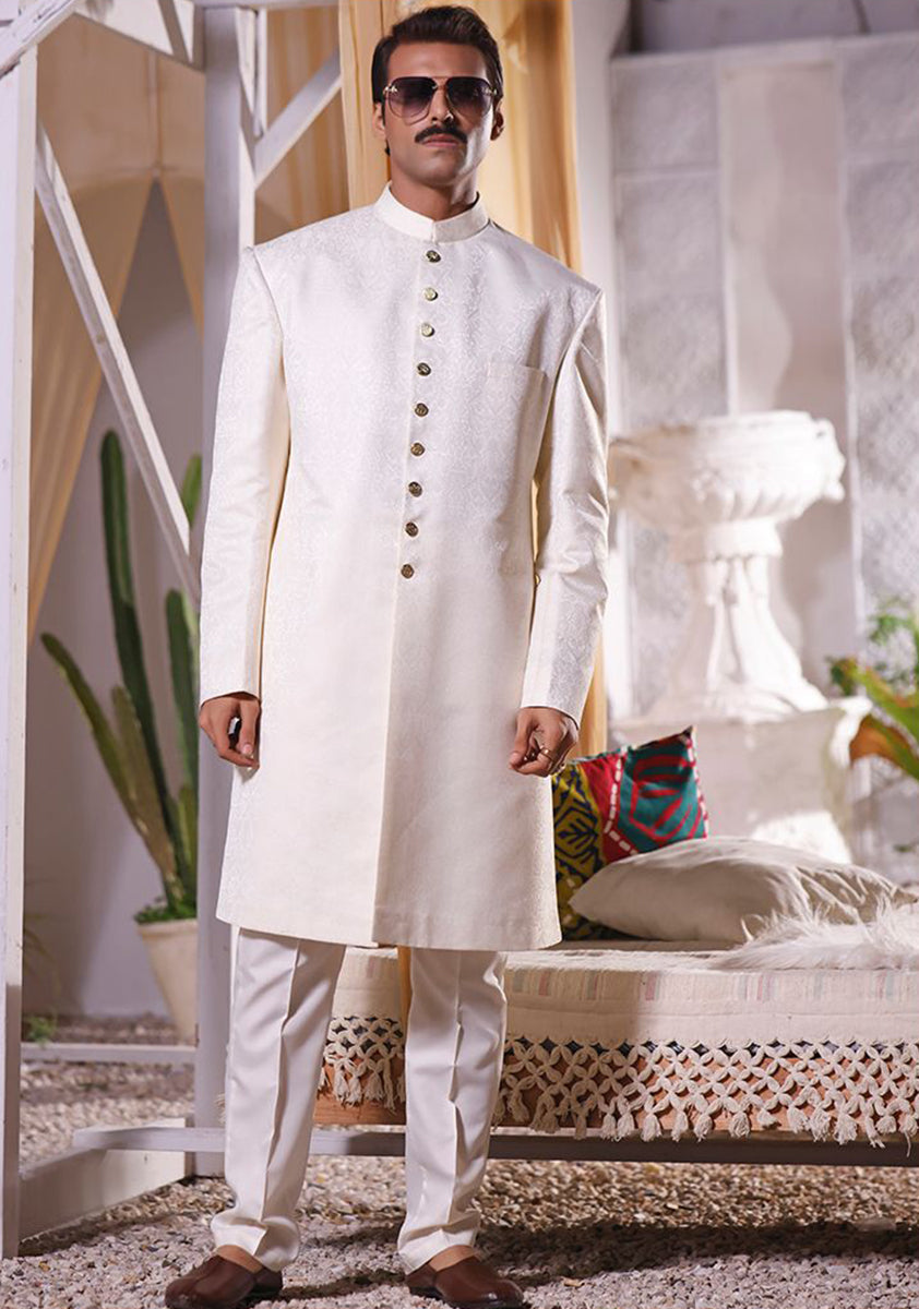 Jamawar Off White Sherwani Off White Self Textured Jamawar