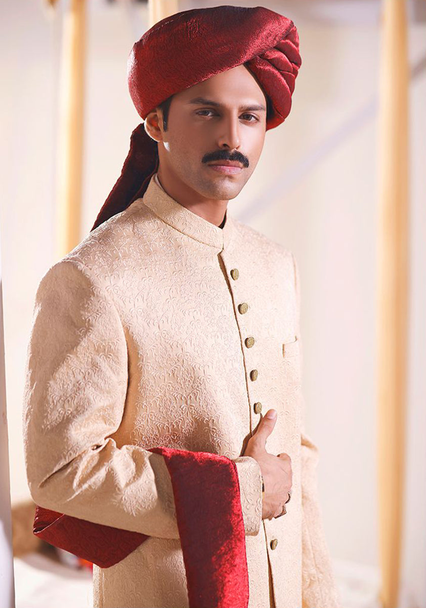 Premium Satin Beige  Embroidered Sherwani