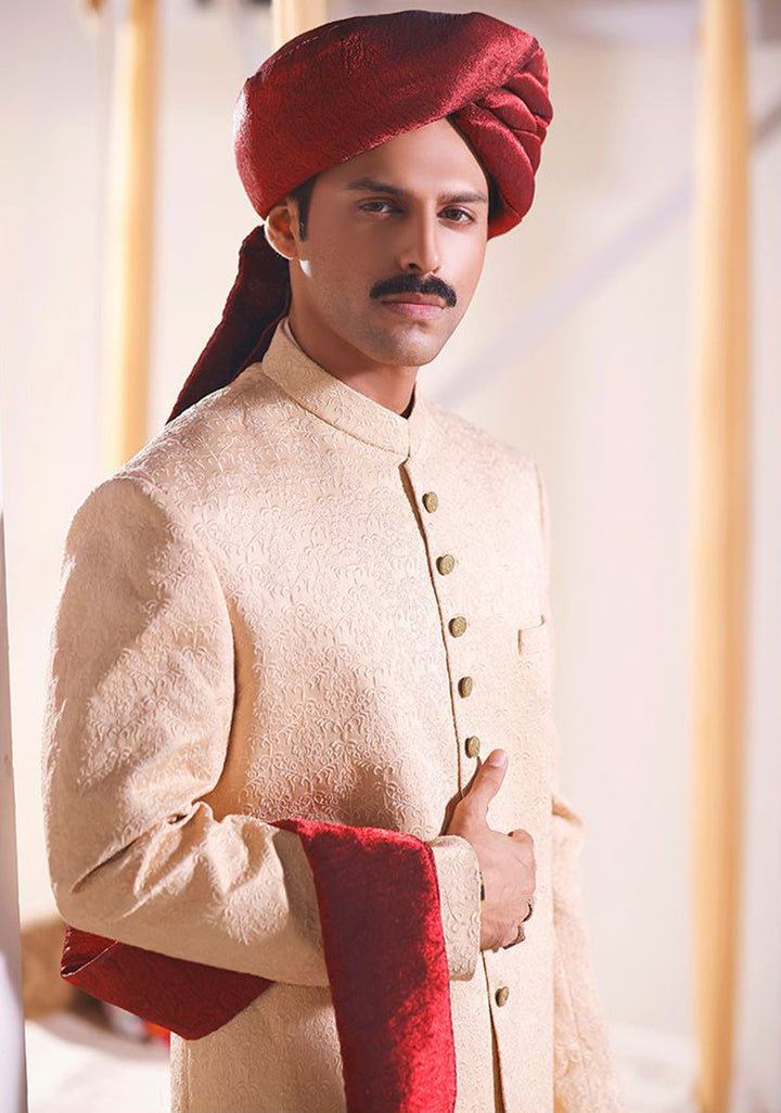 Premium Satin Beige  Embroidered Sherwani