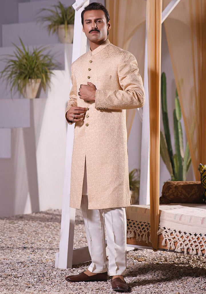 Premium Satin Beige  Embroidered Sherwani