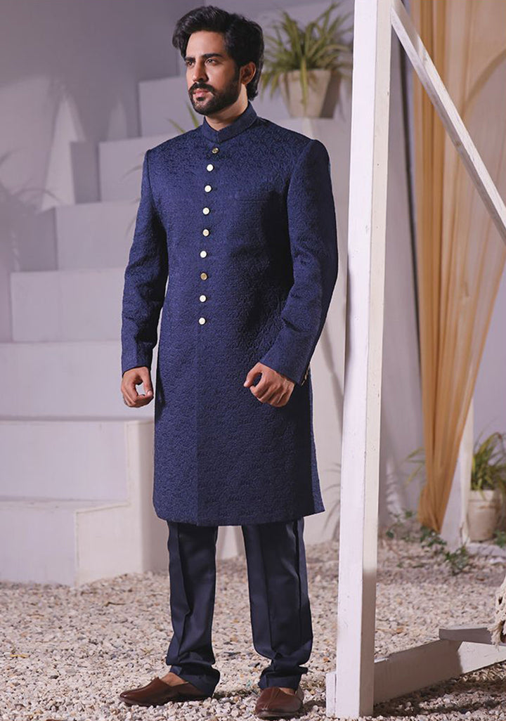 Premium Satin Navy Blazer Embroidered Sherwani