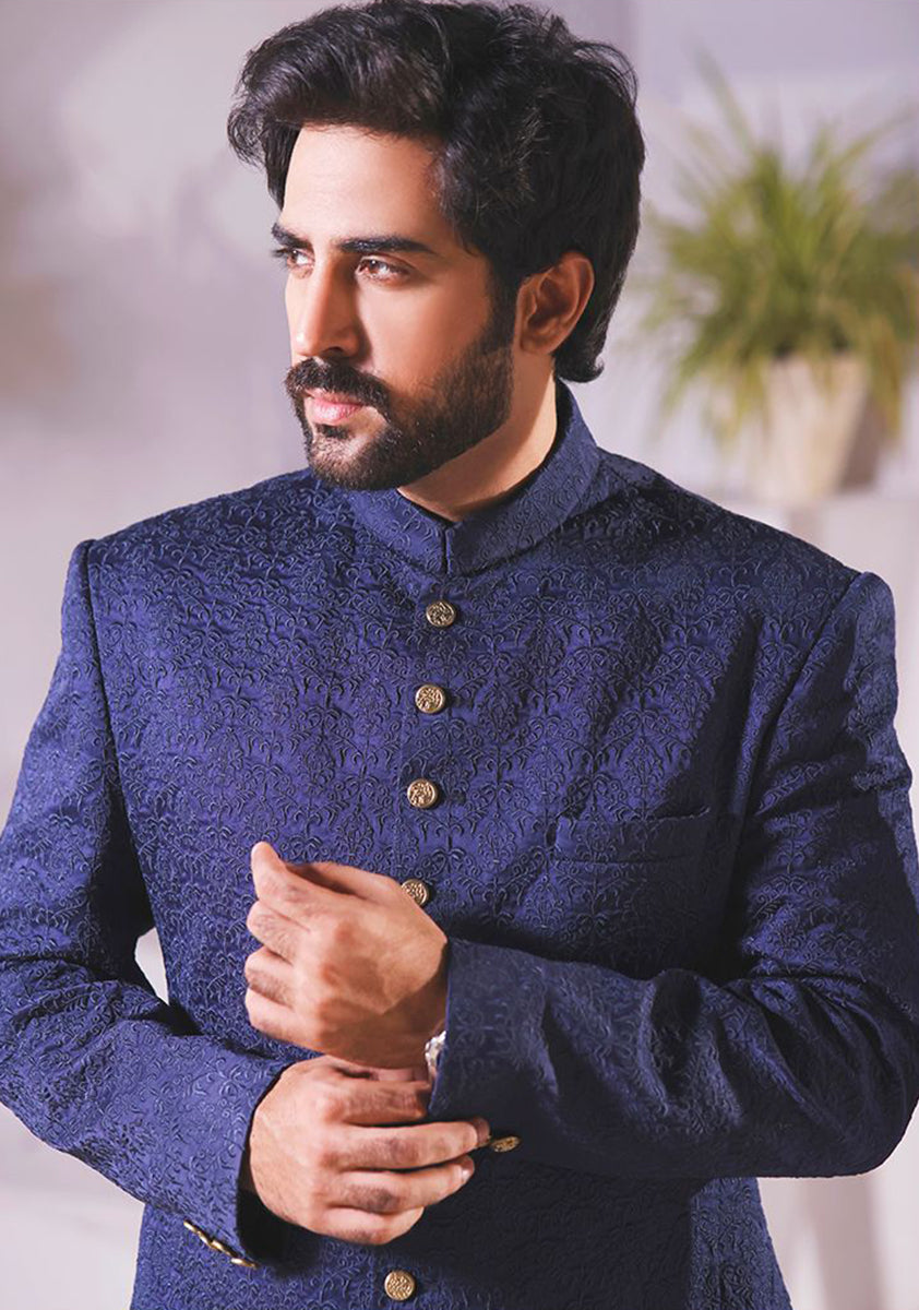 Premium Satin Navy Blazer Embroidered Sherwani