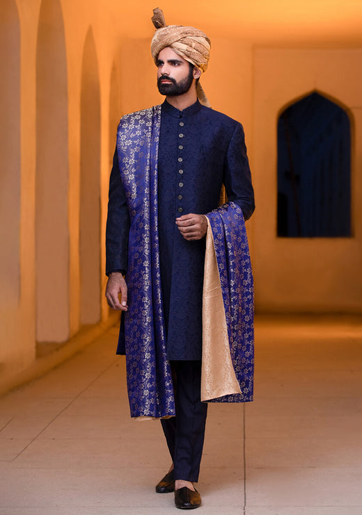 Premium Jamawar Blue Traditional Shawl