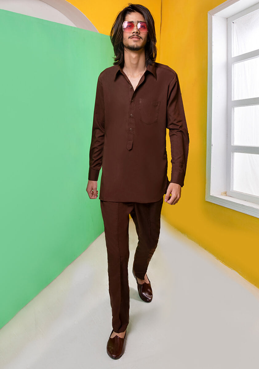 Classic Poly Viscose Brown Stone Modern Fit Plain Suit