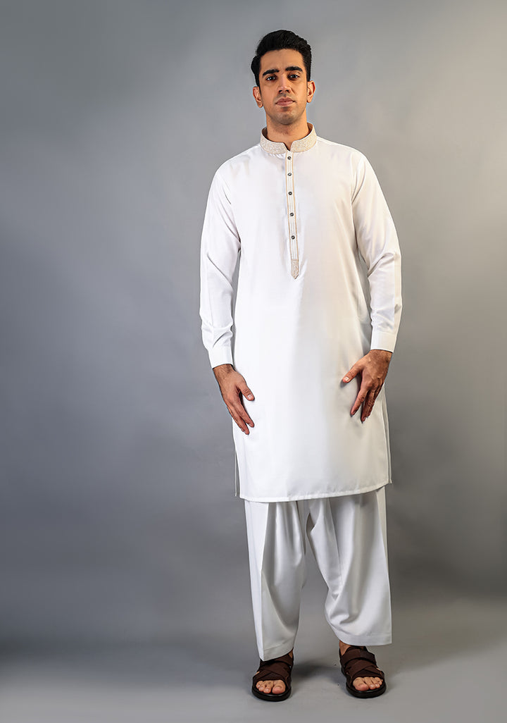 Cotton Silk Cloud Dancer Classic Fit Slightly Defected Embroidered Suit