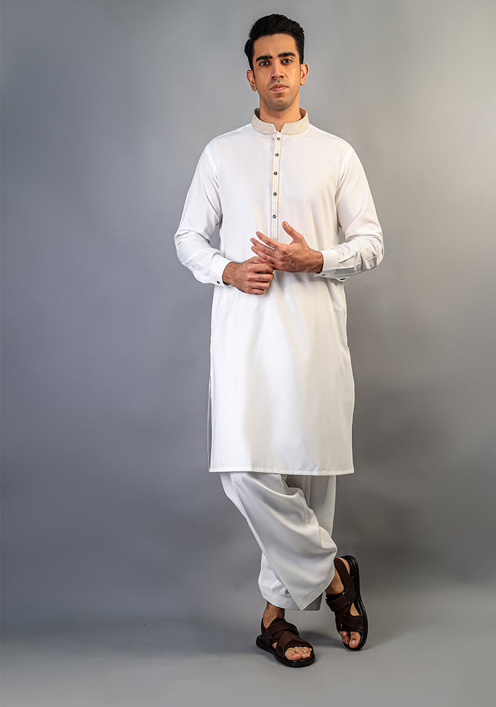 Cotton Silk Cloud Dancer Classic Fit Slightly Defected Embroidered Suit