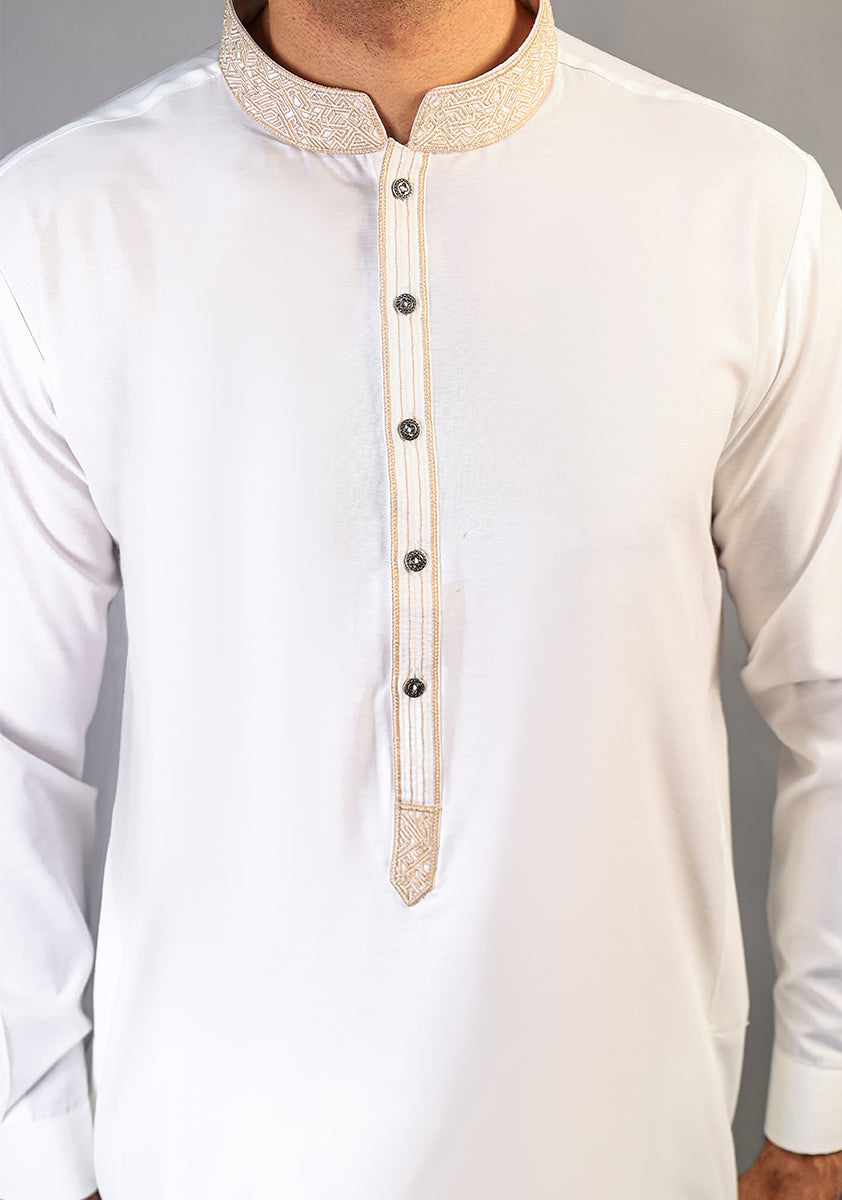 Cotton Silk Cloud Dancer Classic Fit Slightly Defected Embroidered Suit