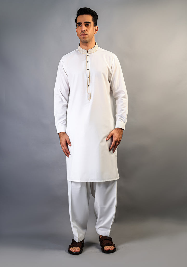 Cotton Silk Cloud Dancer Classic Fit Slightly Defected Embroidered Suit