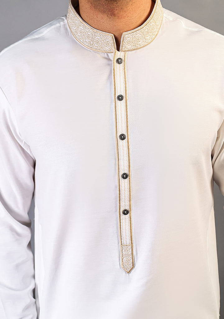 Cotton Silk Cloud Dancer Classic Fit Slightly Defected Embroidered Suit