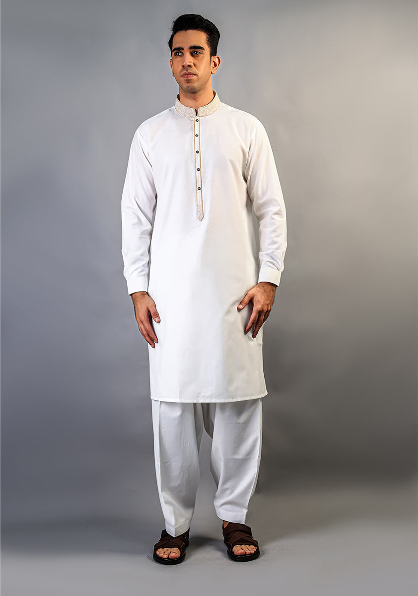 Cotton Silk Cloud Dancer Classic Fit Slightly Defected Embroidered Suit