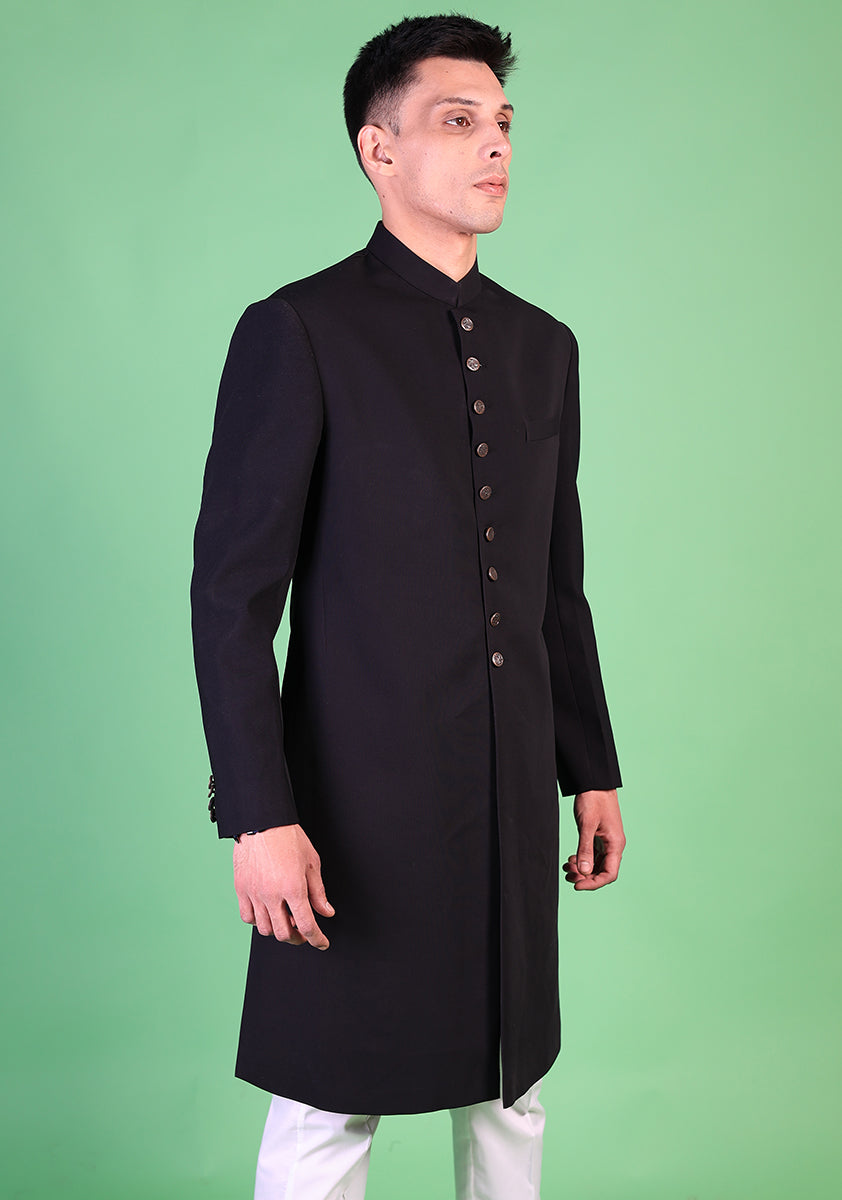 Georgette Black Traditional Plain Sherwani