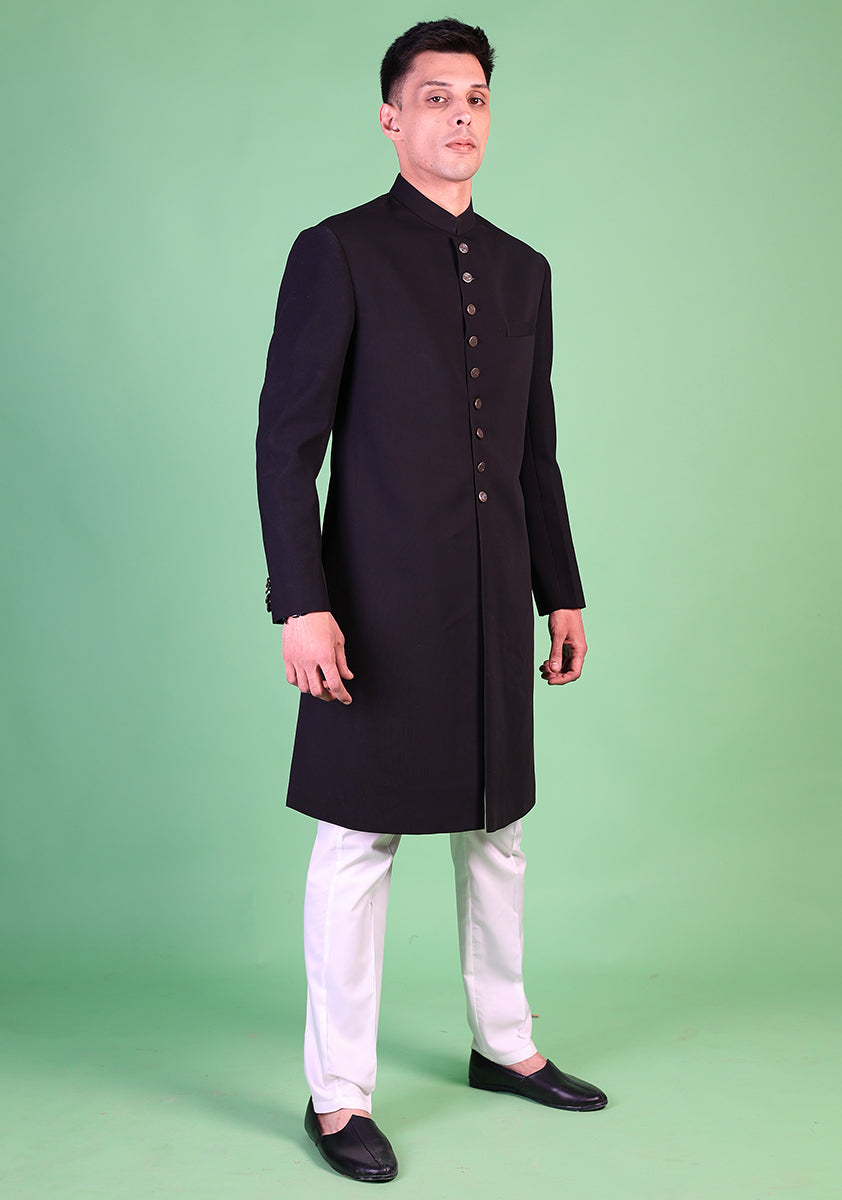 Georgette Black Traditional Plain Sherwani