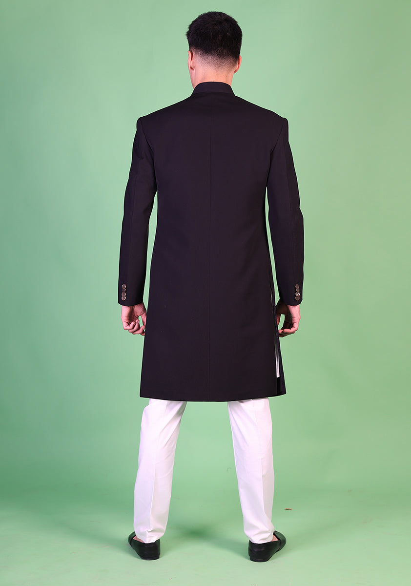 Georgette Black Traditional Plain Sherwani