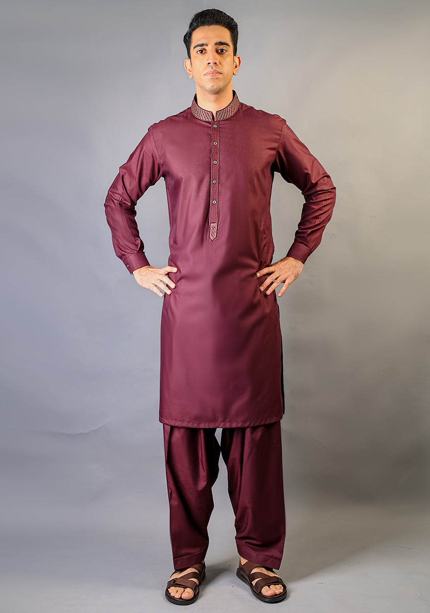 Basic Poly Viscose Wine Tasting Classic Fit Embroidered Suit